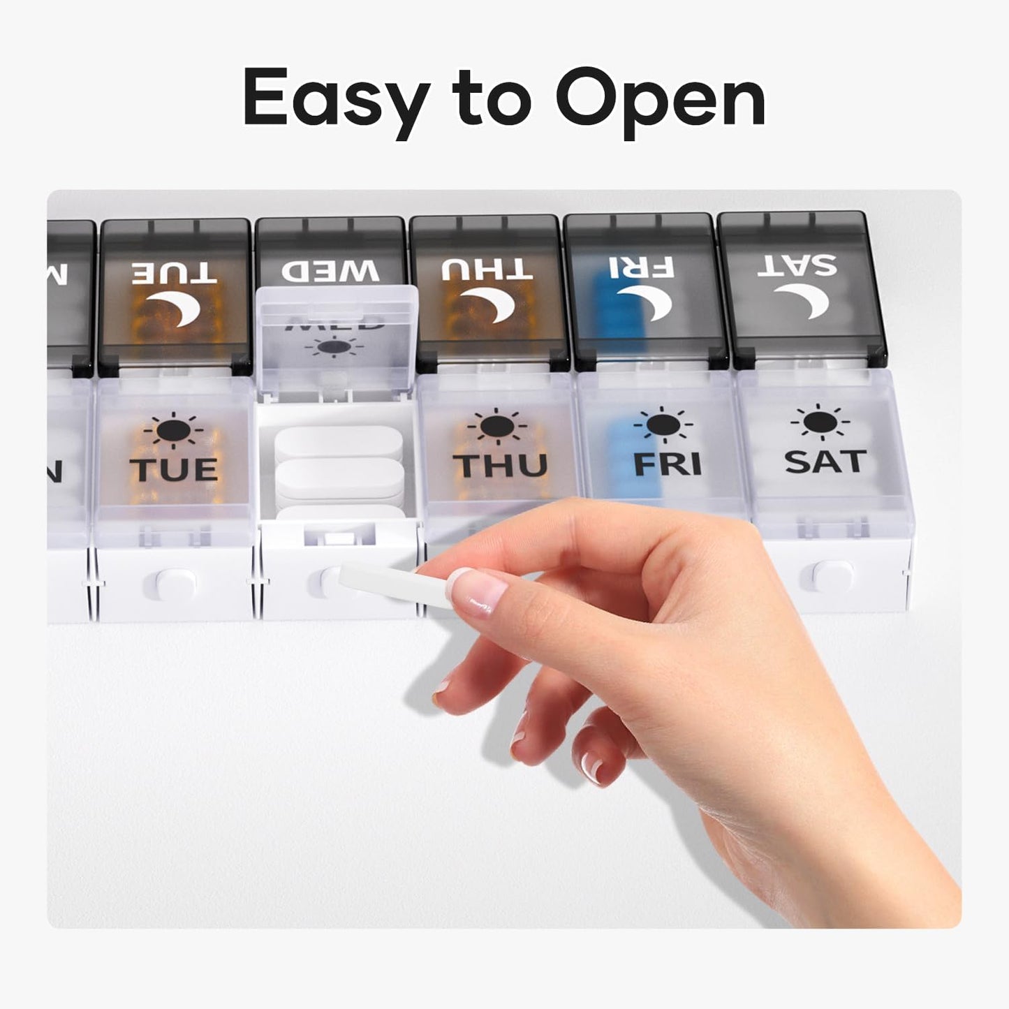 Push Button Weekly Pill Organizer 2 Times a Day, Medicine Pill Organizer, Pill Box Case 7 Day AM PM BPA-Free, Pill Container for Vitamins, Fish Oil, Supplements Medication (Black & White)