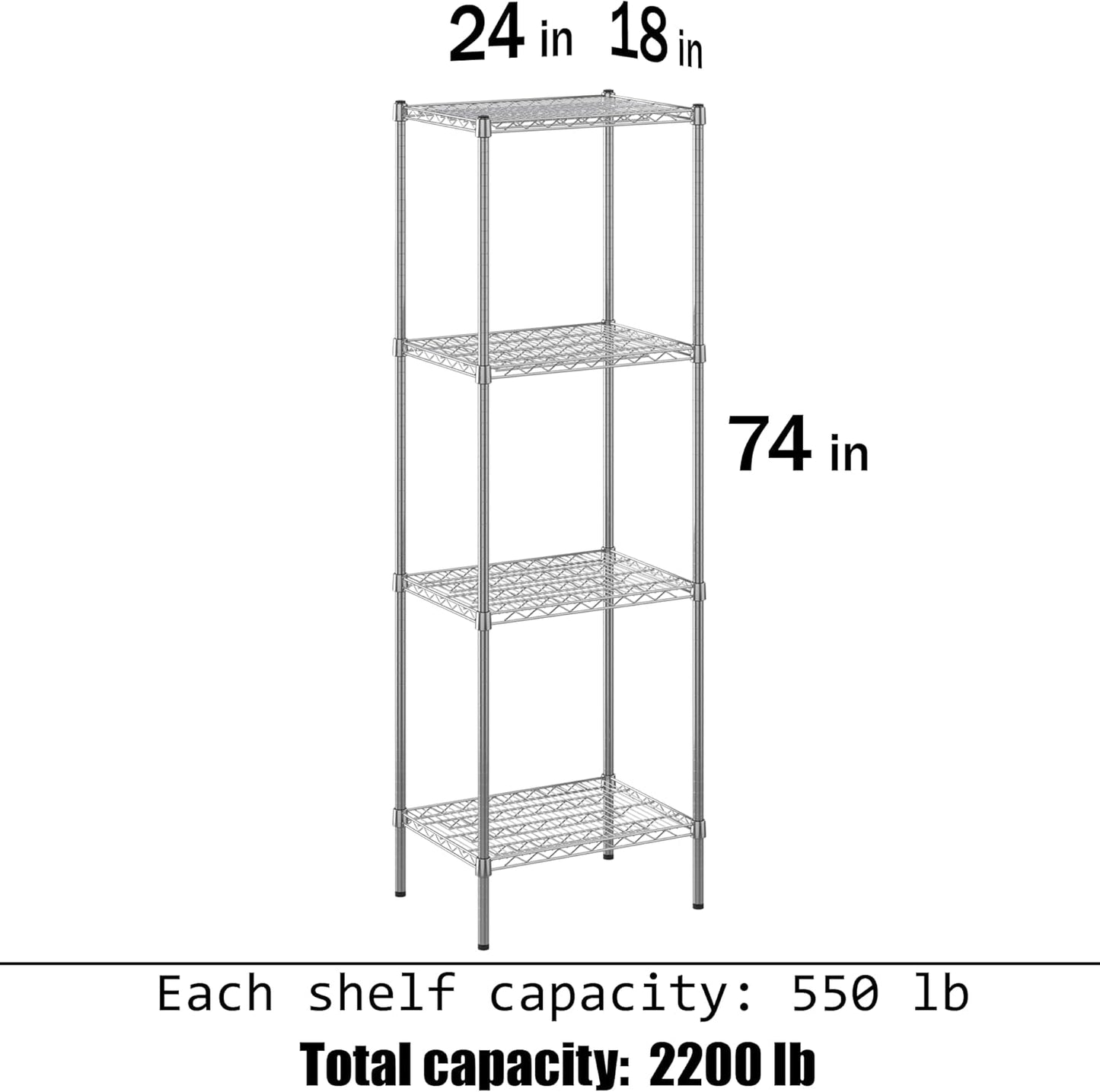 18" Deep x 24" Wide x 74" Height Wire Shelving Kit | 4-Tier | NSF Commercial Storage Rack Unit