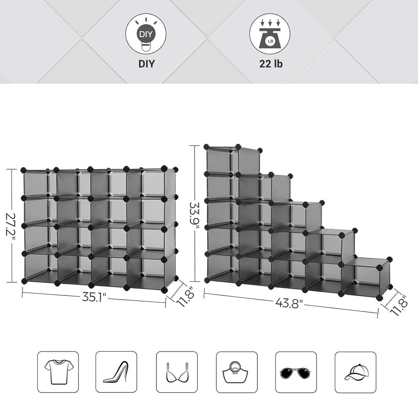 SONGMICS Shoe Rack with 16 Cubes, Interlocking Plastic Shoe Organizer, DIY Storage Cabinet for Closet Entryway Bedroom Garage, Space Saving Design, 12 x 35.1 x 27.2 Inches, Grey ULPC445G02