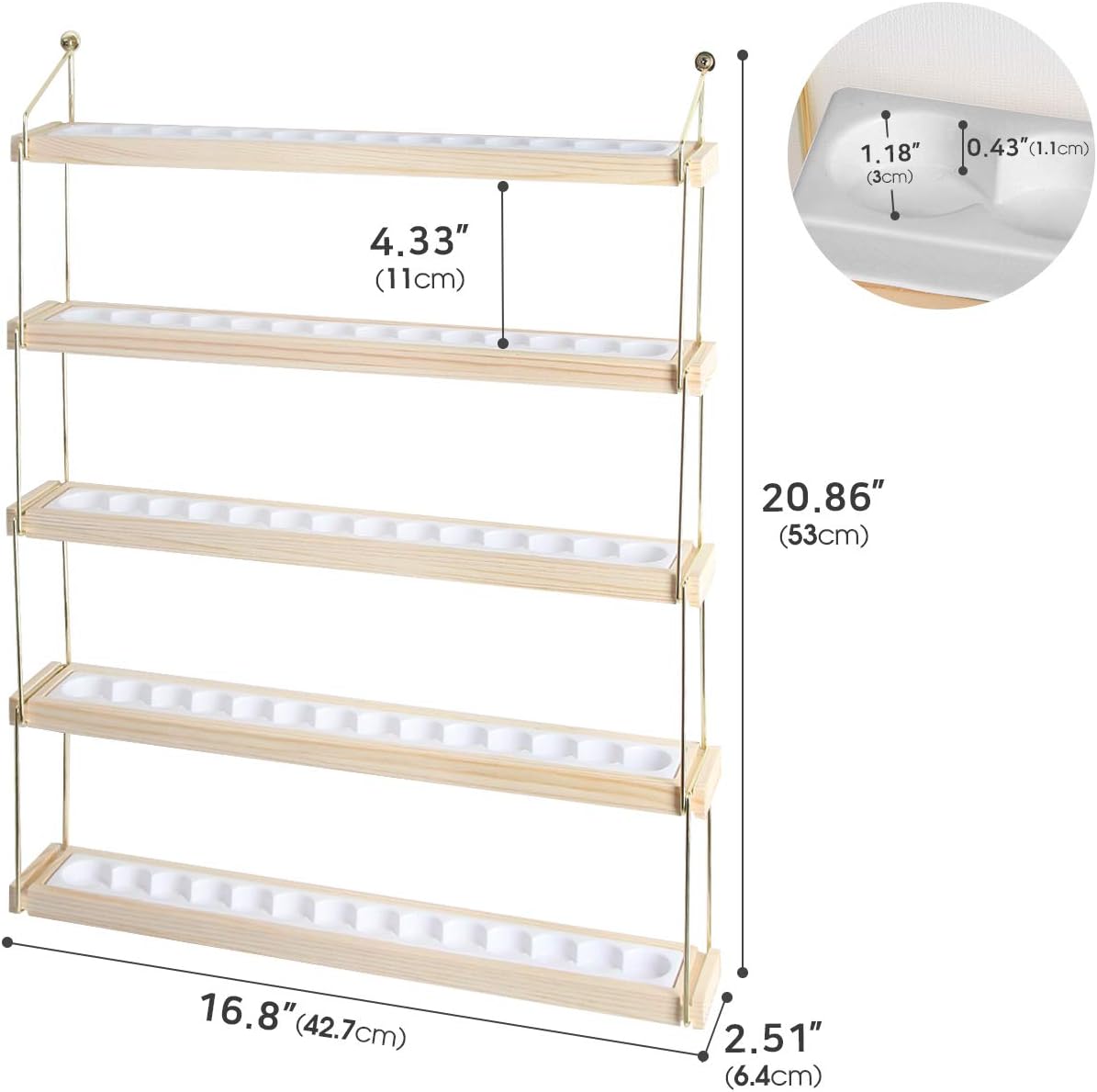 J JACKCUBE DESIGN Wall Mount Essential Oils Display Shelf with 5 Tier for 70 Bottles Holder Gold Frame and Wood Rack Organizer - MK482B