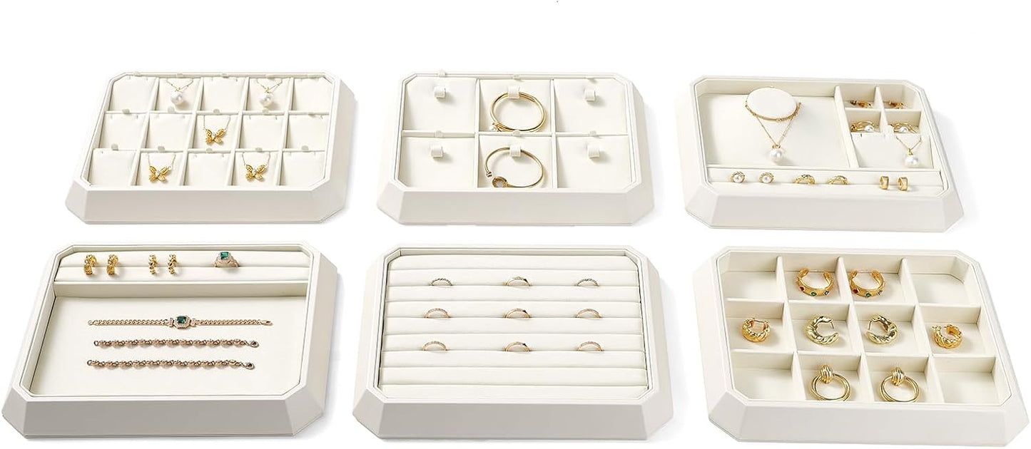 PU Leather Jewelry Display Tray Stackable Jewelry Tray Flat Organizer for Ring Necklace Trade showcase(Beige)