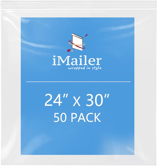 iMailer- 24" x 30" 50 Pack- 2 Mil Resealable Zip Bags- Clear Plastic Bags with Zip Top Lock for Storage, Organizing, Crafts, Travel