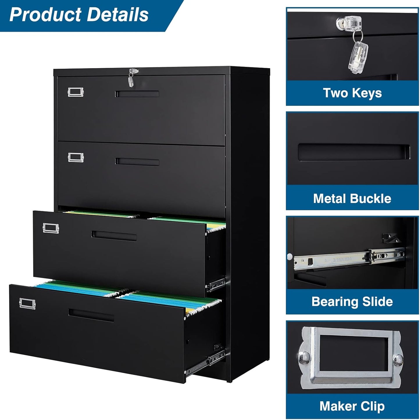 4 Drawer File Cabinet, Lateral Filing Cabinets for Home Office, Office Storage Drawers with Lock, Hanging Files Legal/Letter A4 Size (Assemble Required,Black)
