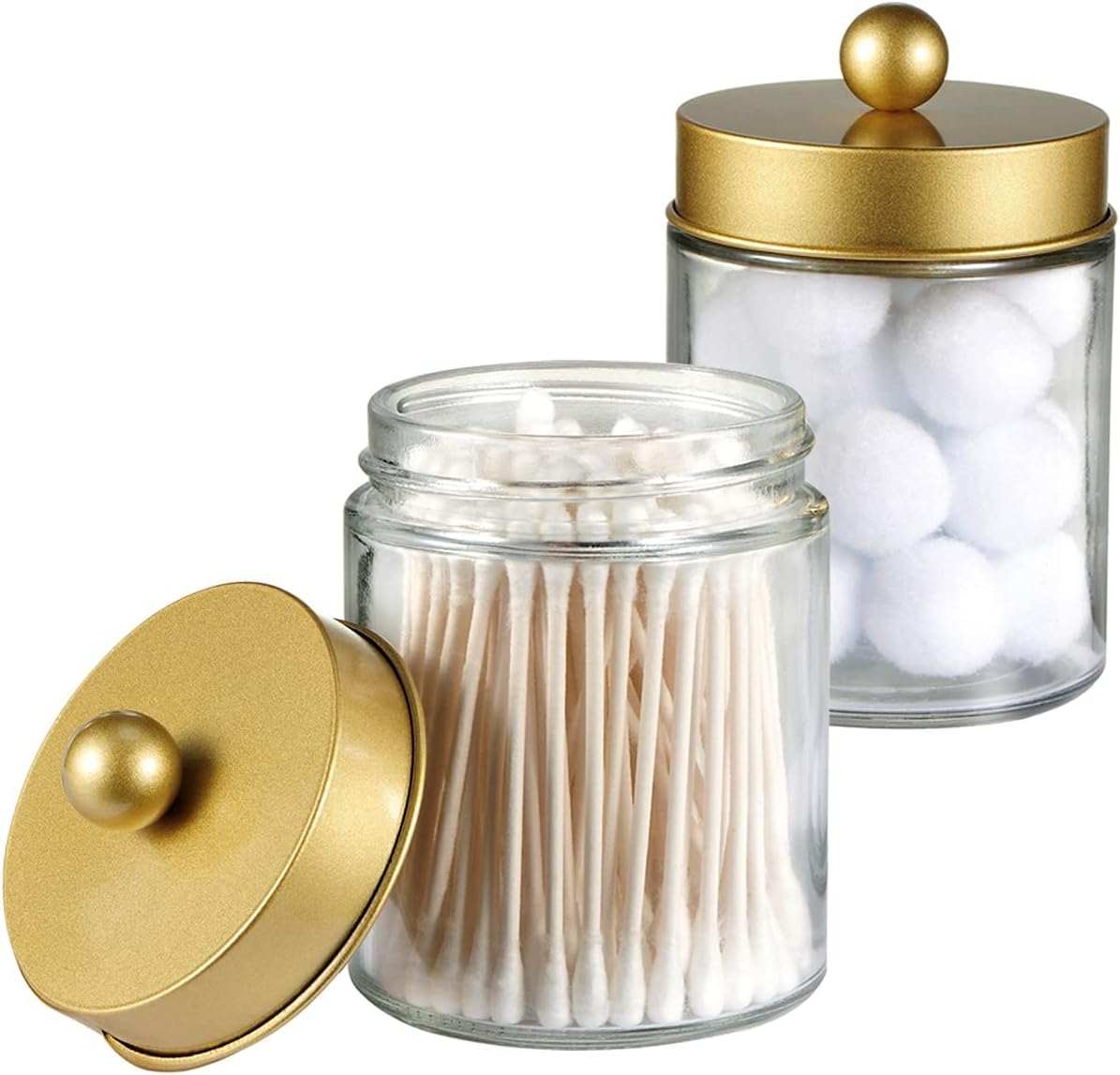 Amolliar 6Pc Apothecary Jars Bathroom Vanity Organizer- Rustic Farmhouse Decor Storage Canister with Stainless Steel Lids- Qtip Dispenser Holder for Q-Tips,Cotton Swabs,Rounds,Ball,Flossers (Gold)