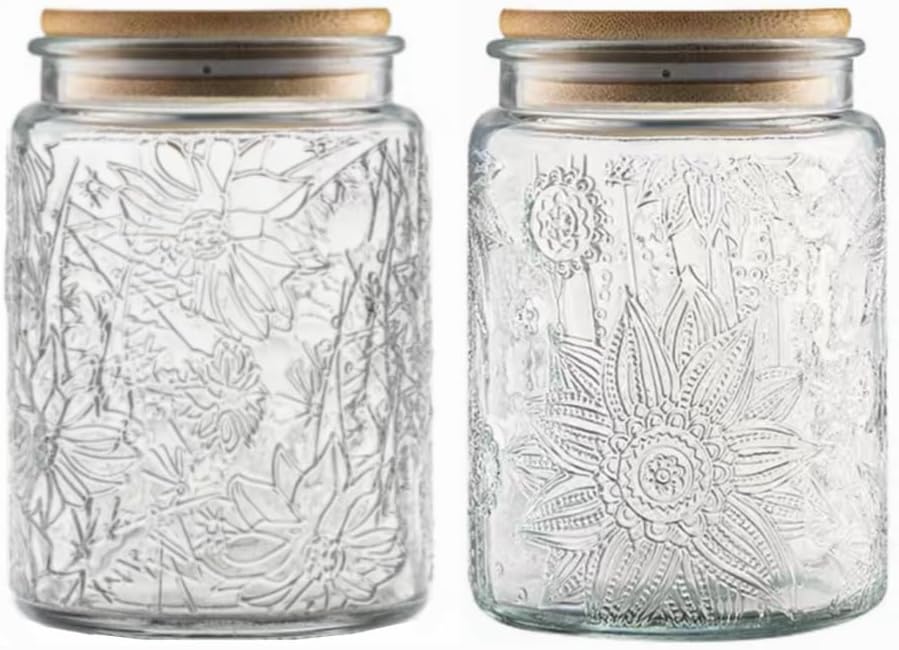 ANSQU Set of 2 Vintage Glass Jars, 23.7 FL OZ Candy Jars with Lids, Sugar Container Mason Jars for Home Kitchen Pantry, Cute Jar (Daisy & Sunflower)
