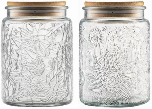 ANSQU Set of 2 Vintage Glass Jars, 23.7 FL OZ Candy Jars with Lids, Sugar Container Mason Jars for Home Kitchen Pantry, Cute Jar (Daisy & Sunflower)