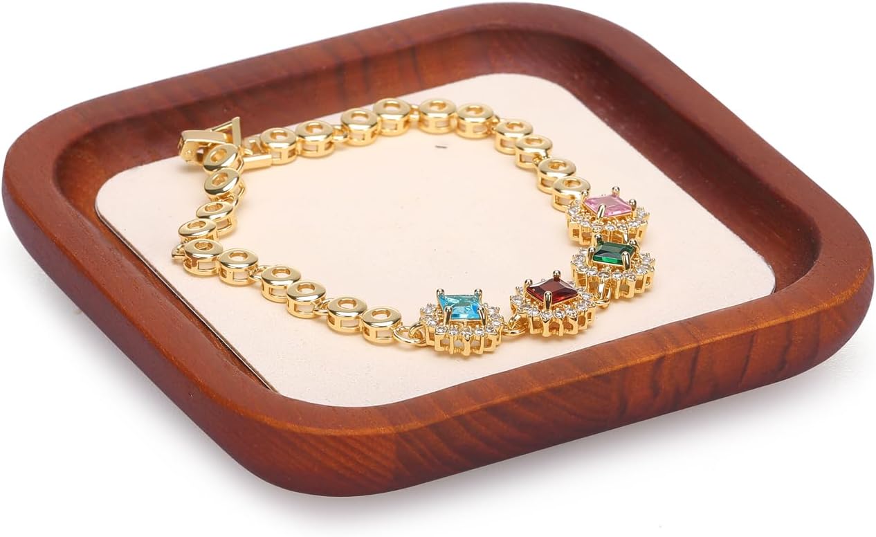 Wooden Jewelry Display Tray Rounded Rectangle Ring Showcase Stackable Elegant Bracelet Watch Jewelry Organizer for Personal Use and Commerce (Old Lace, Small-W 3.9'' x H 0.6'' x L 3.9'')