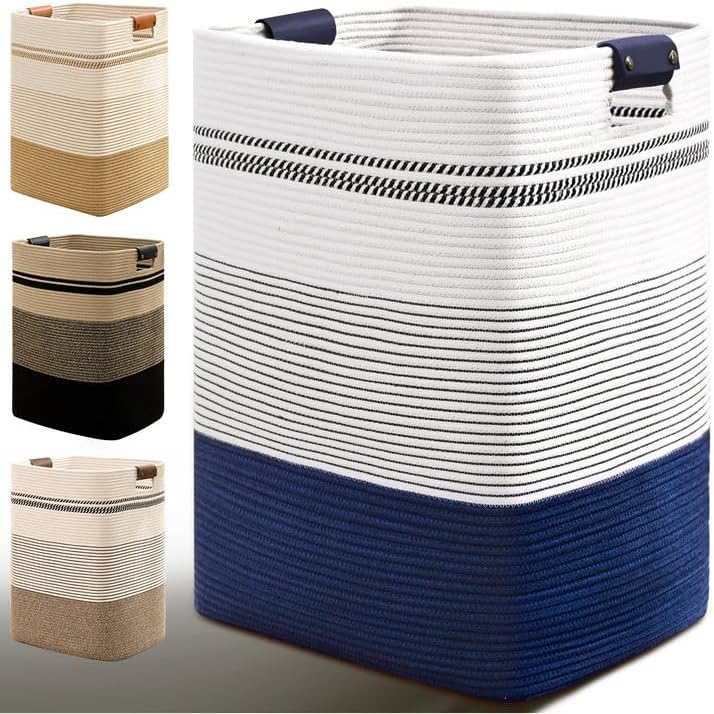 Laundry Hamper, 85L Tall Laundry Basket with Leather Handles, Rectangle Large Clothes Hamper for Organizing, Cotton Woven Laundry Baskets Storage Hampers for Bedroom, Nursery, Living Room