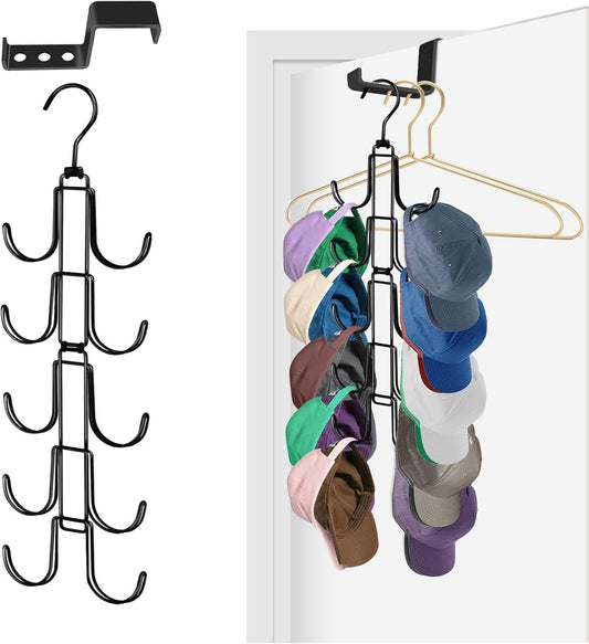 Hat Rack for Door, Collapsible Over The Door Hat Organizer with 10 Large Hooks, Holds 40 Baseball Caps, Rotatable Metal Space Saving Caps Hanger for Display and Storage, Black