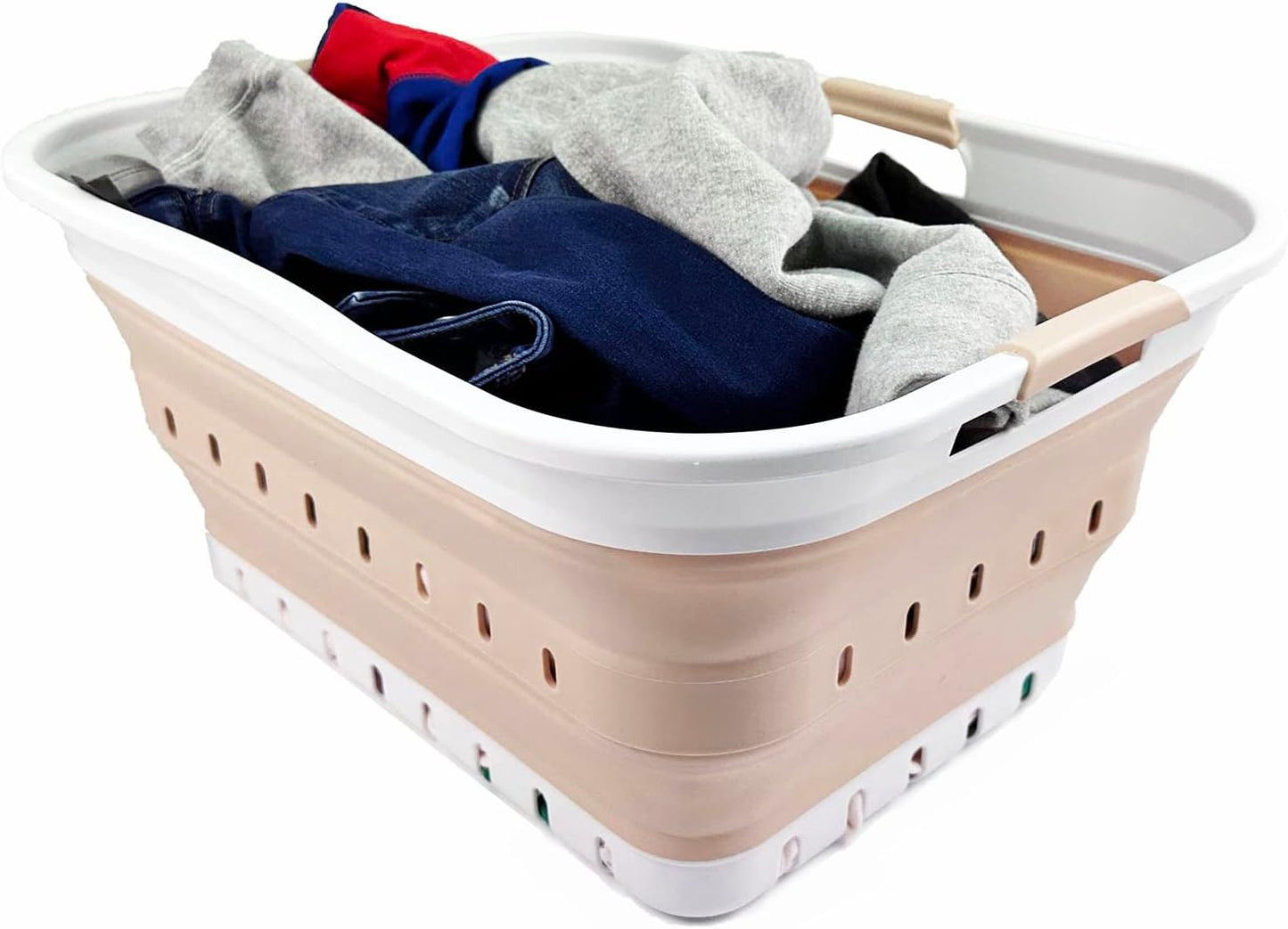 SAMMART 42L (11 gallon) Collapsible Plastic Laundry Basket - Foldable Pop Up Storage Container/Organizer - Portable Washing Tub - Space Saving Hamper/Basket (White/Latte)
