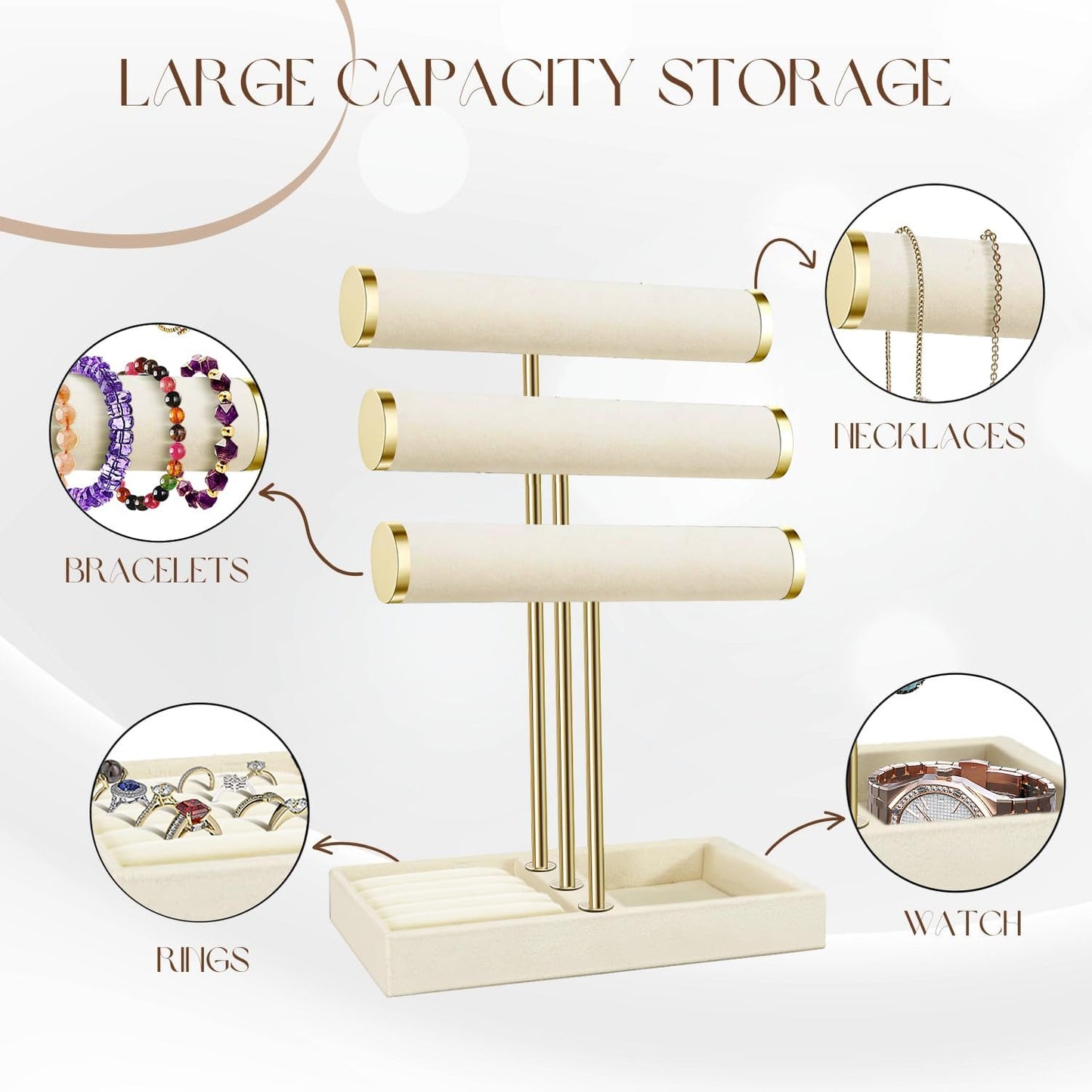 Flexzion 3 Tier Bracelet Holder Display Stand - Beige Velvet Bracelet Holder Organizer with Detachable T Bar - Jewelry Display Stand for Bracelets, Bangles, Necklace, Watches, Rings
