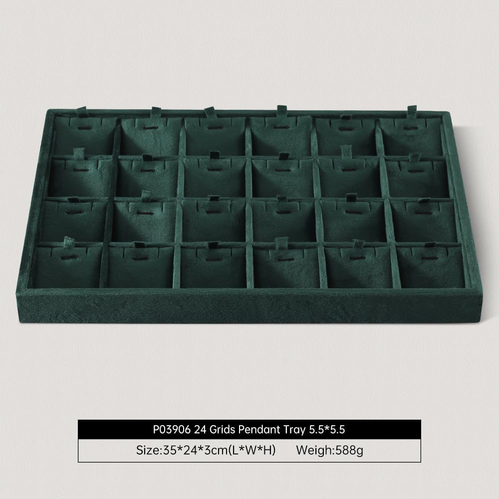 Velvet Necklace Display Tray, Stackable 24 Grid Insert Pendant Necklaces Storage Holder Plate, Jewelry Retail Countertop Organizer (Green)