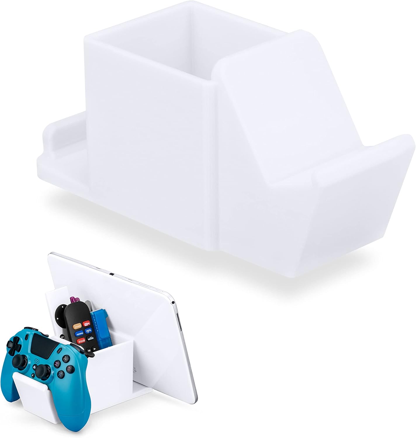 BRAINWAVZ Desk Organizer with Game Controller Holder, Tablet Stand for iPads/iPhones, TV Remote & Pen Storage, Reduce Desktop Clutter, Have All Your Side Table Items in One Space (White)