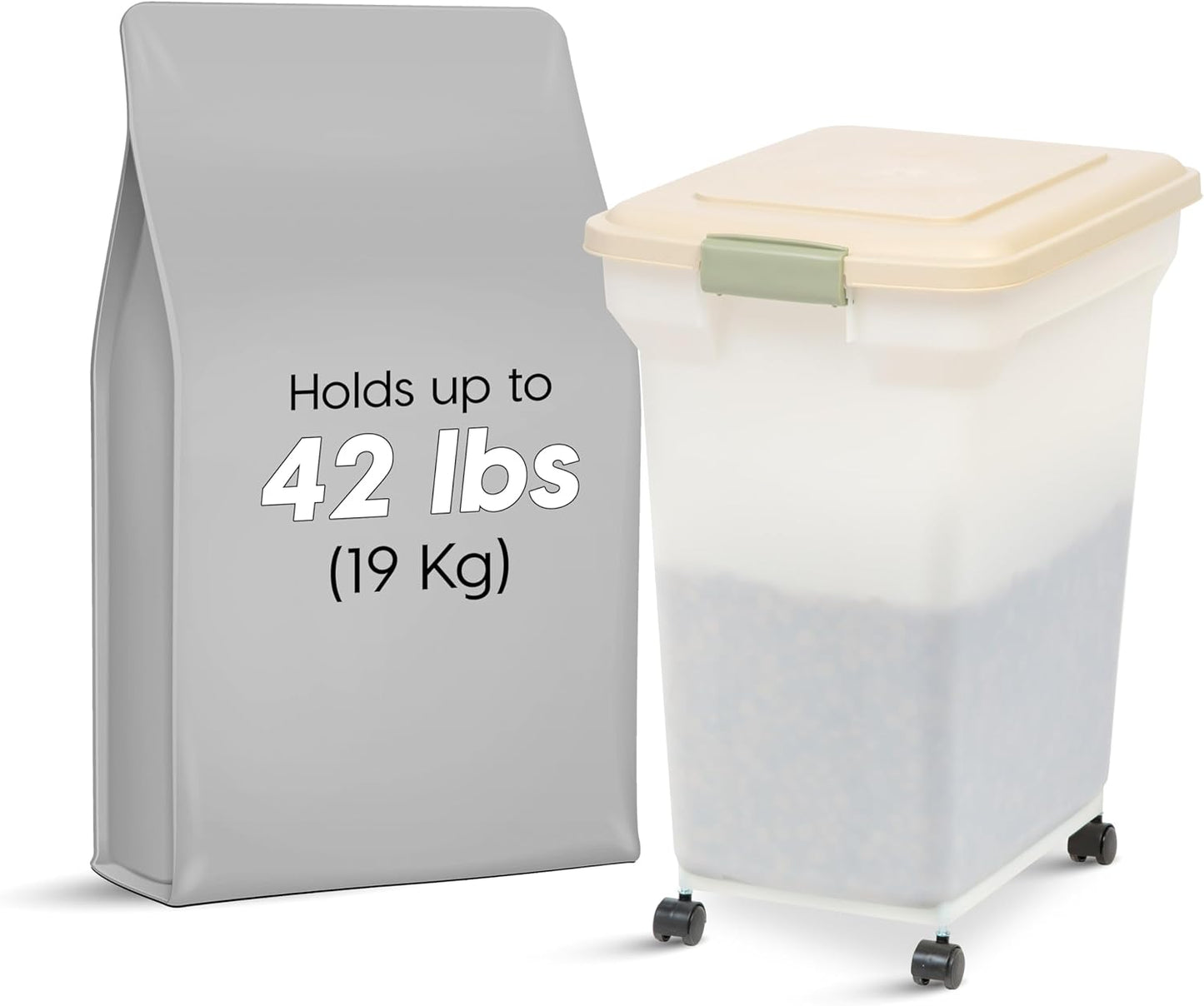 IRIS USA Airtight Dog Food Storage Container, WeatherPro, Up to 40 lbs, Removable Wheels, for Dog Cat Bird and Other Pet Food Storage Bin, Keep Fresh, Translucent Body, Made in USA, Clear/Almond