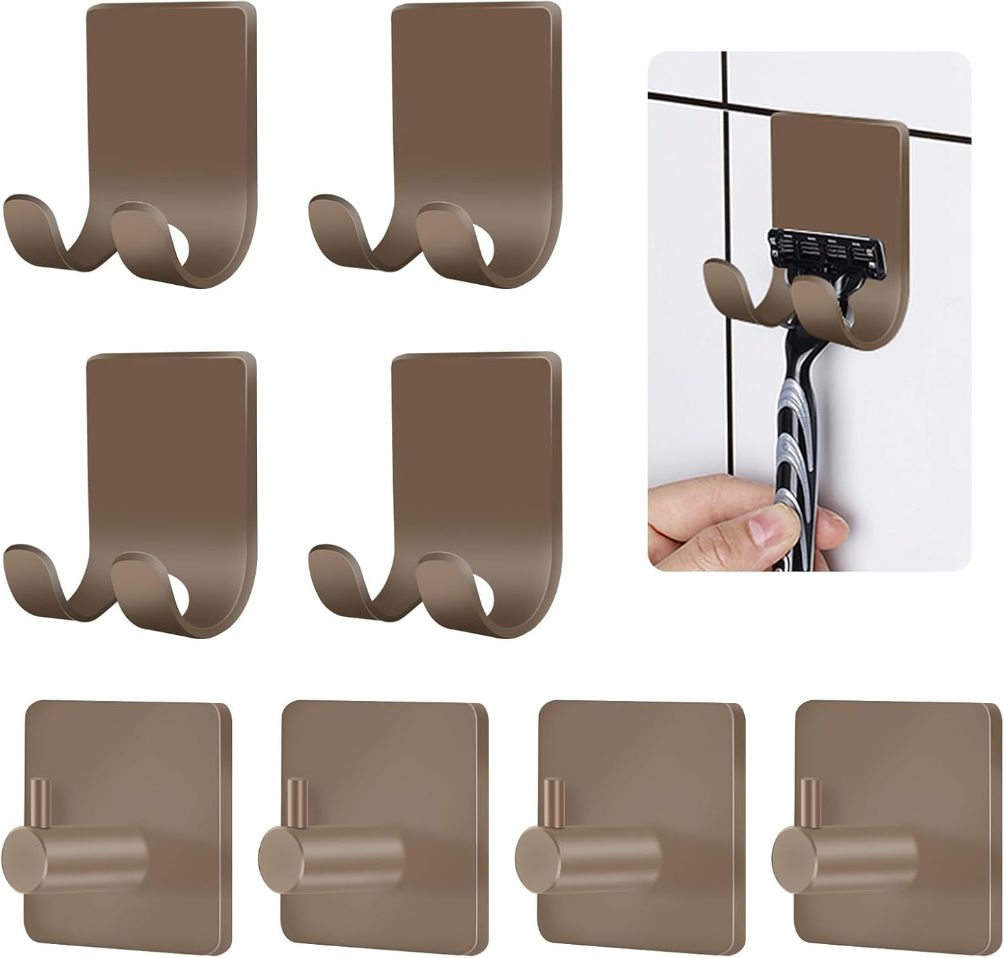 CGBE Razor Holder for Shower, 4 Packs Shaver Holder and Hooks, Self Adhesive Wall Mounts for Bathroom, Damage Free - Brown