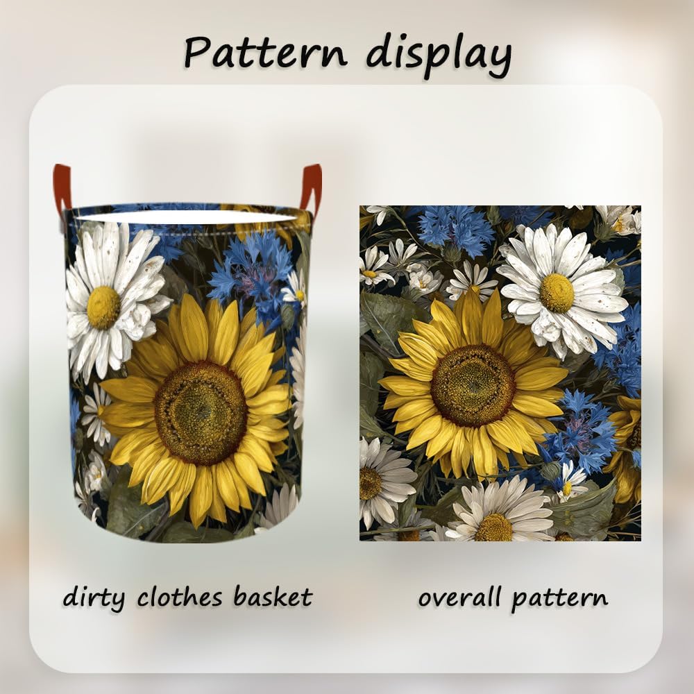 Laundry Baskets 15.7x19.7 Inch Large Vintage Sunflower Daisy Blue Wildflower Design Collapsible Laundry Hamper with Handles Oxford Fabric Clothes Storage Bin Foldable Dirty Clothes for Bedroom