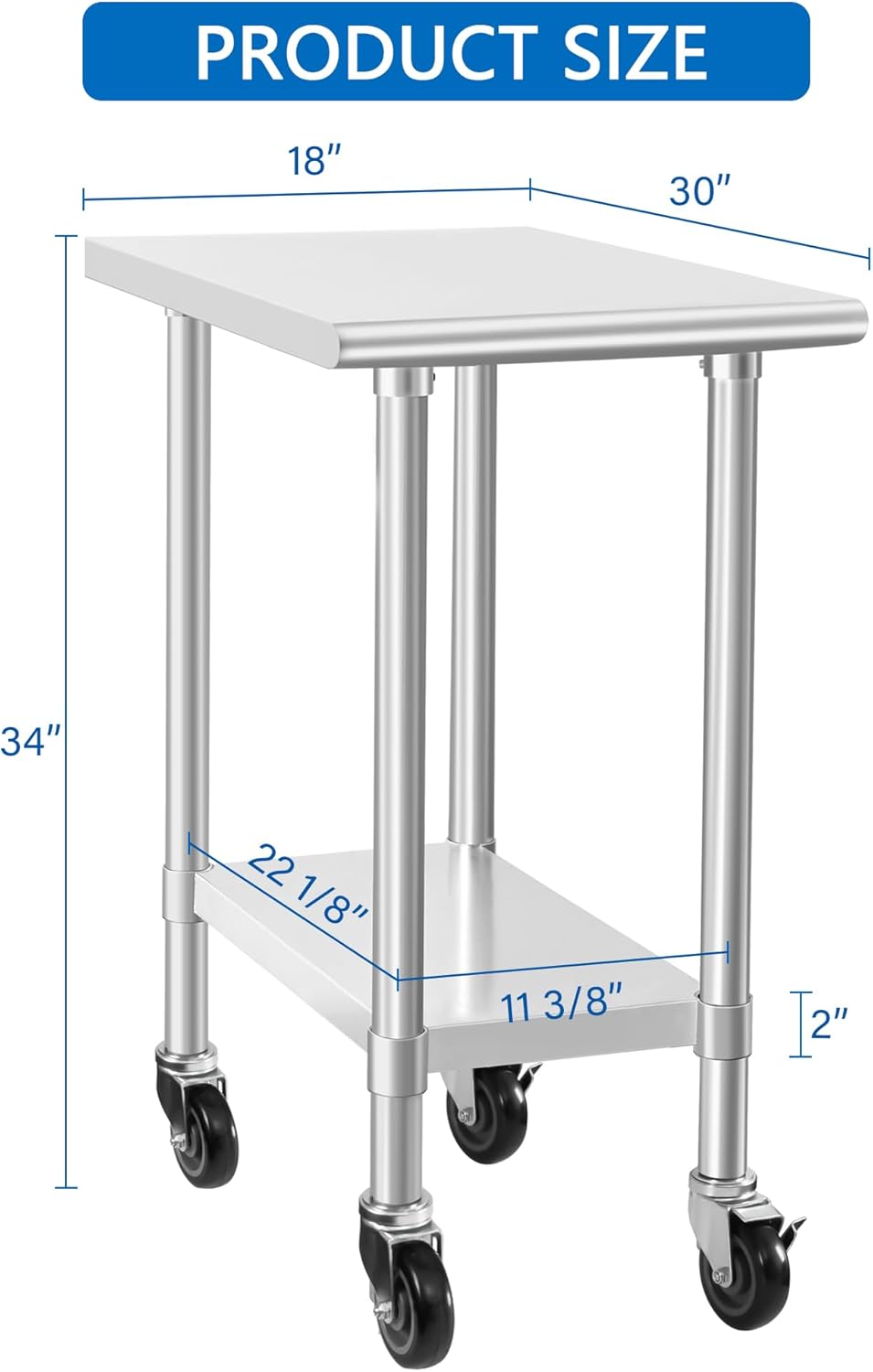 HARDURA Stainless Steel Commercial Table Prep & Work Table with Casters Heavy Duty Metal Table with Wheels NSF 430 30×18 Inches