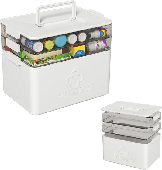 Xyskin 3 Tier Medicine Organizer, Multipurpose Medical Box with Removable Tray, Empty First Aid Kit for Home(White)