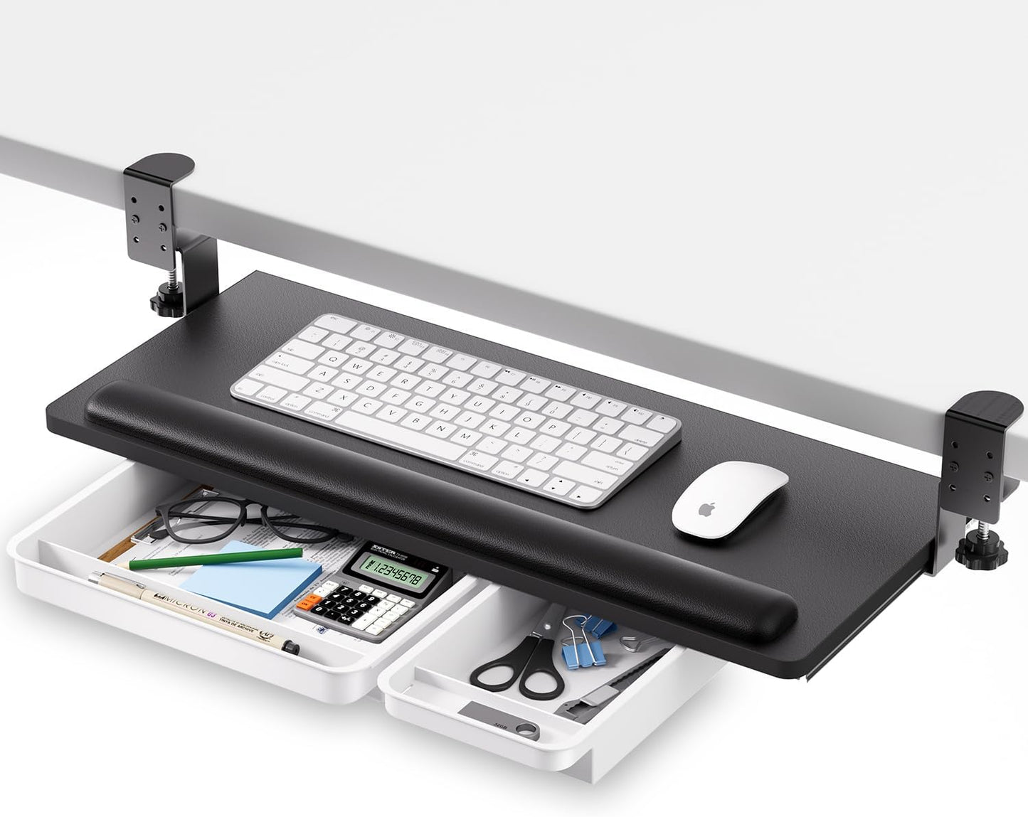 Keyboard Tray Under Desk with a Soft Wrist Rest，Under Desk Keyboard Tray Slide Out with 2 Storage Drawers，C Clamp-on Mount Ergonomic Keyboard Tray for Home and Office，26.5"x11.6"