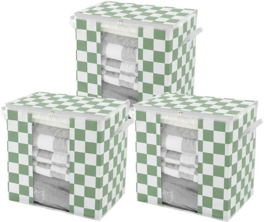 Green Checkered Clothes Storage Bins, 100L Large Blanket Storage Bags 3 Pack, Closet Organizers and Storage Containers for Comforters, Bedding, Foldable Organizer with Handle