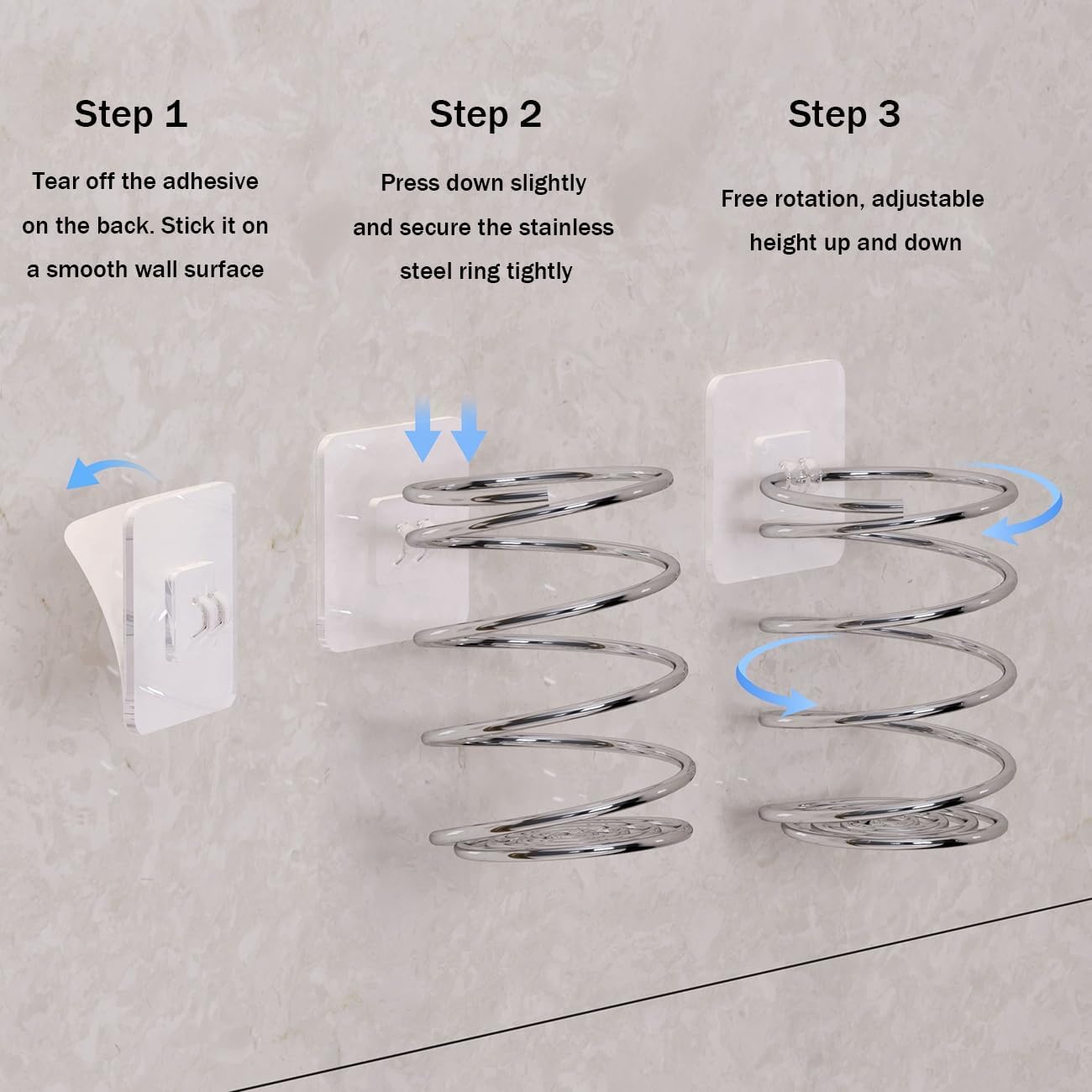 Wall-Mounted Spiral Hair Tool Holder, Adhesive Bathroom Organizer for Toothbrush and Makeup Brushes, Stainless Steel, 8 x 7 cm (3)