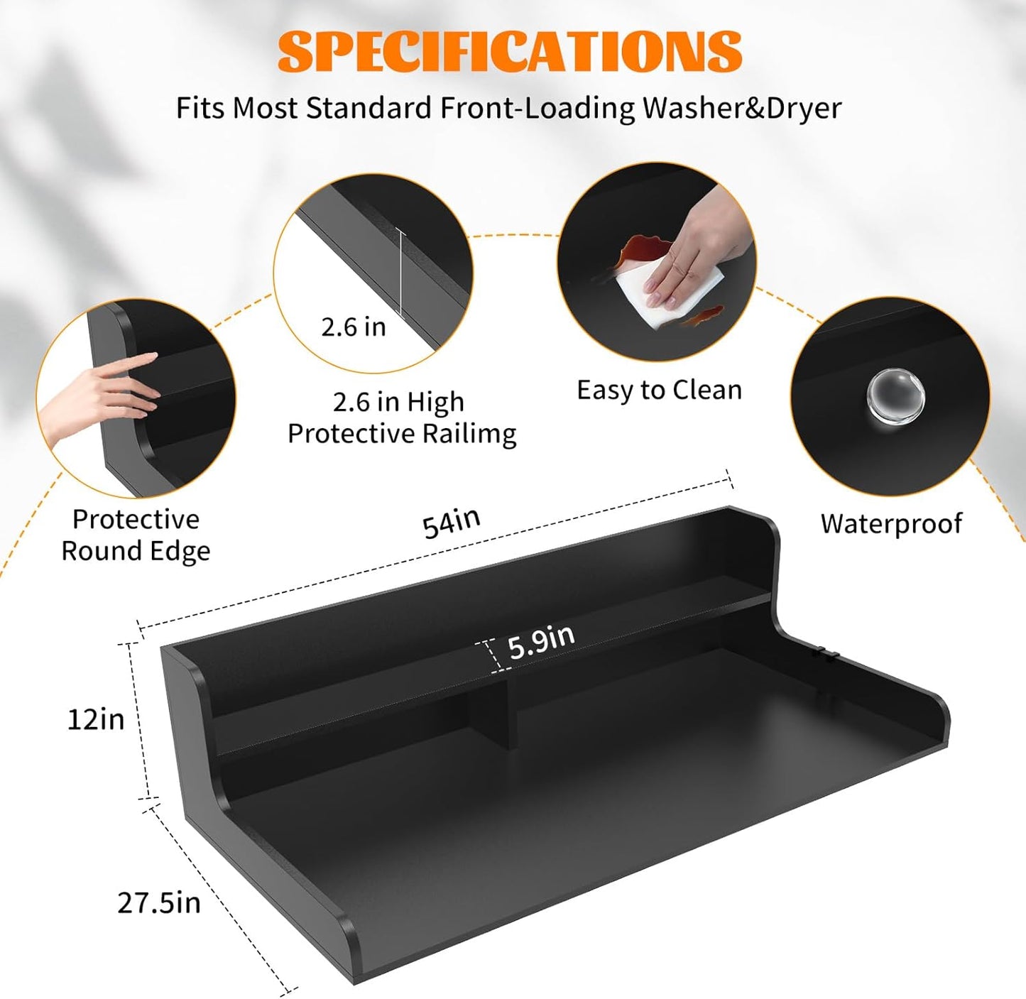 2-Tier Washer Dryer Countertop, Wood Laundry Countertop with Edge, 54" x 27.5" Top Cover for Laundry Machine, Washer and Dryer Wood Shelf Topper for Laundry Room Counter Storage Organization, Black