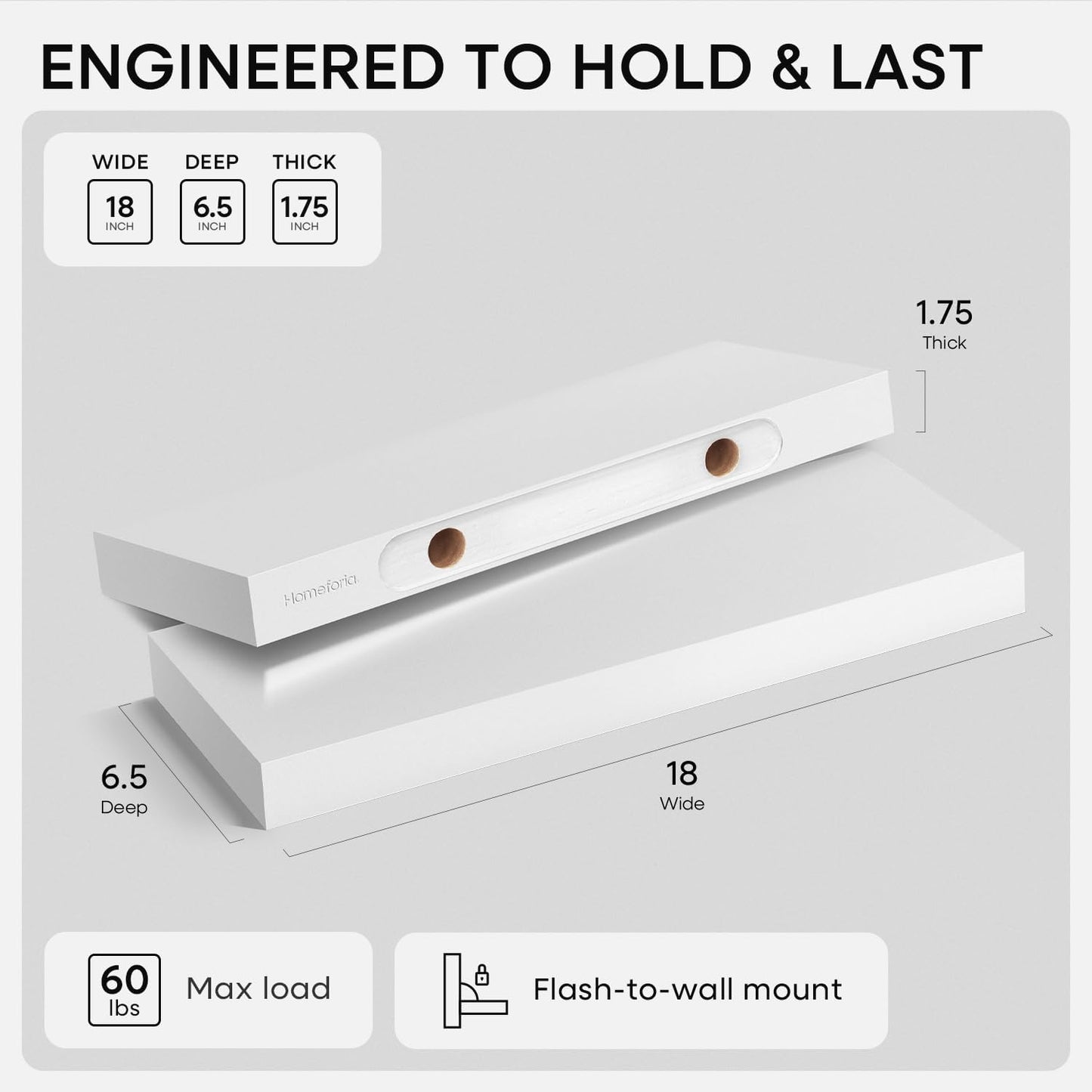 Homeforia White Floating Shelf 18 inch, High End Solid Real Wood 18inch Bathroom Floating Shelves for Wall Mounted, White Wooden 18in Floating Shelves, Heavy Duty Bracket, 18 X 6.5 X 1.75 in, Set of 4