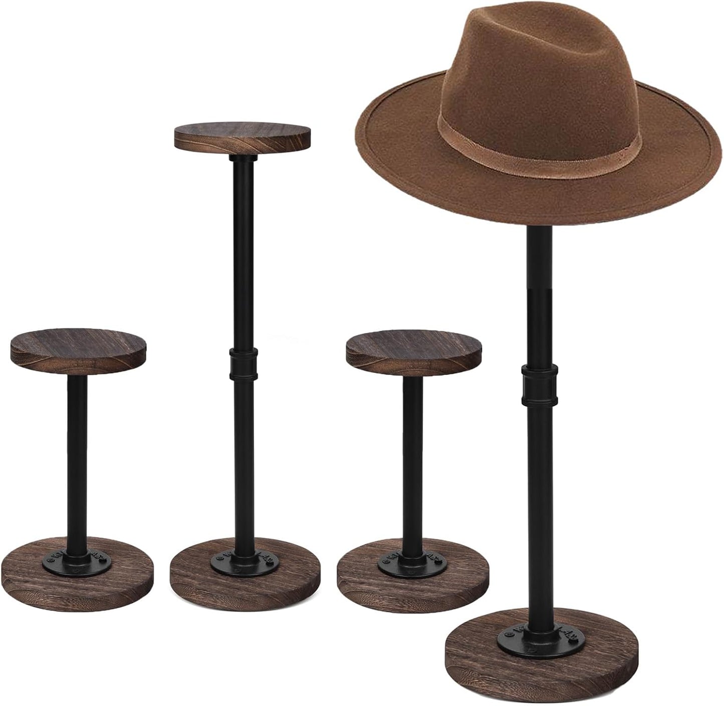 4Pcs Tabletop Hat Stand Cap with Height Adjustment, Industrial Metal Pipe Rustic Burnt Wood Hat Rack, Wig Rack for Chapeau, Cowboy Hat, Helmet