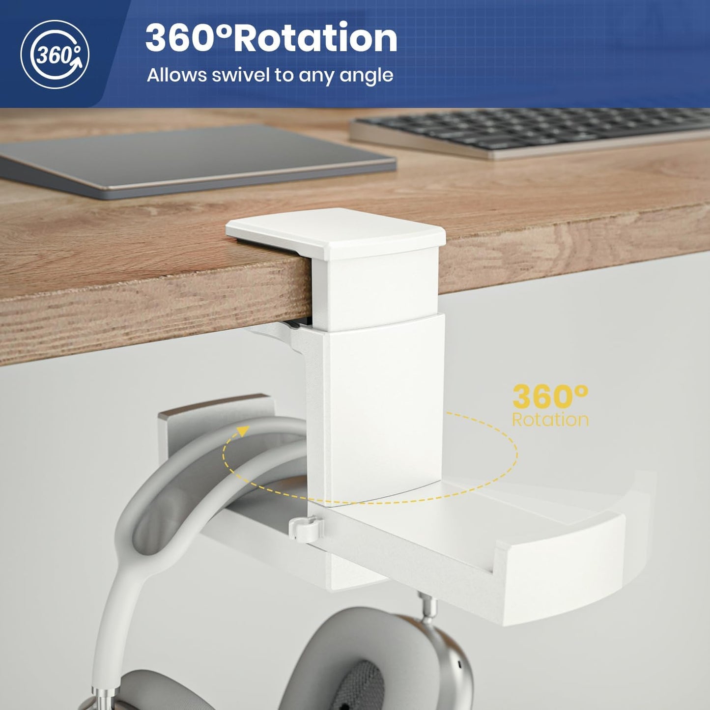 Dual Headphone Stand Holder - EURPMASK 2 in 1 PC Gaming Headset Hooks, 360 Degree Rotating Headphone Hanger with Adjustable Clamp & Cable Clip Organizer, Headset Mount Under Desk Earphone Clamp-White