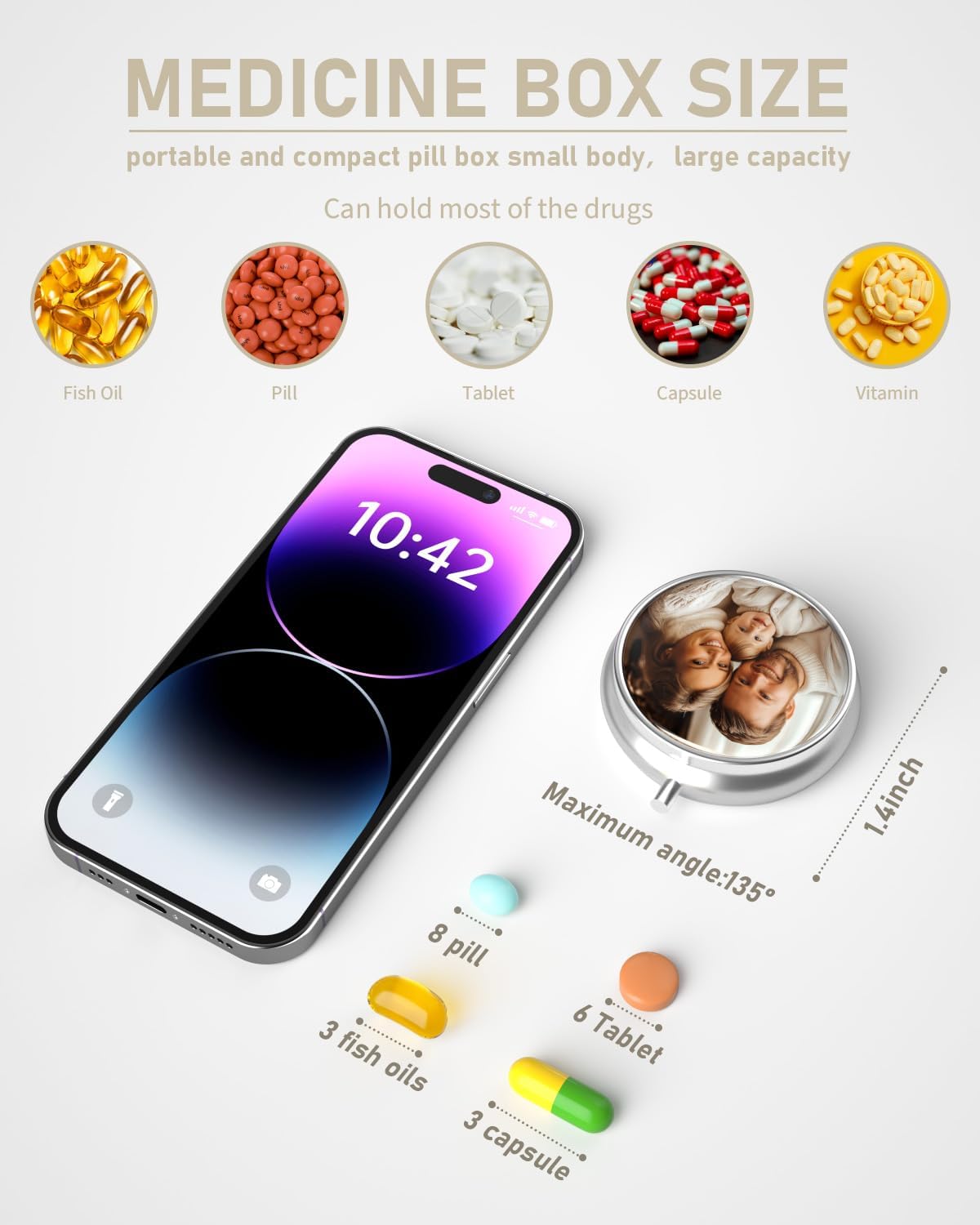 Pill Box, 3 Compartment Portable Travel Medicine Box with Mirror, Compact and Cute, Fits in Purse and Pocket, Medicine and Vitamin Organizer (Custom)