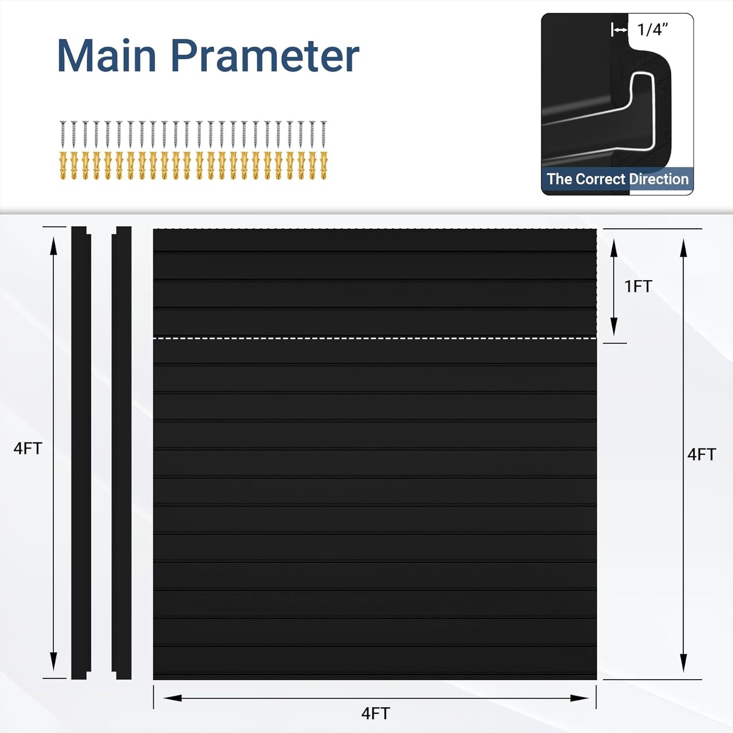Slatwall Panel 4 FT x 4 FT, Interlocking Slat Wall Paneling, Wall Mounted PVC Wallpanel, Suitable for Garage Storage and Organizer, Slatwall Board, Shelves - Black