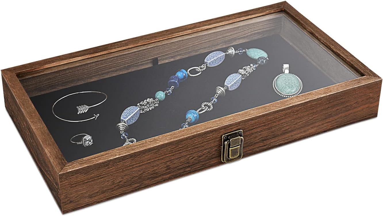 MOOCA 2 Pcs Wooden Jewelry Display Case Tempered Glass Top Lid, Gemstone Display Case, Pocket Knife Case with Metal Clasp & Removable Black Luxurious MDF Velvet Jewelry Pad, Brown Color