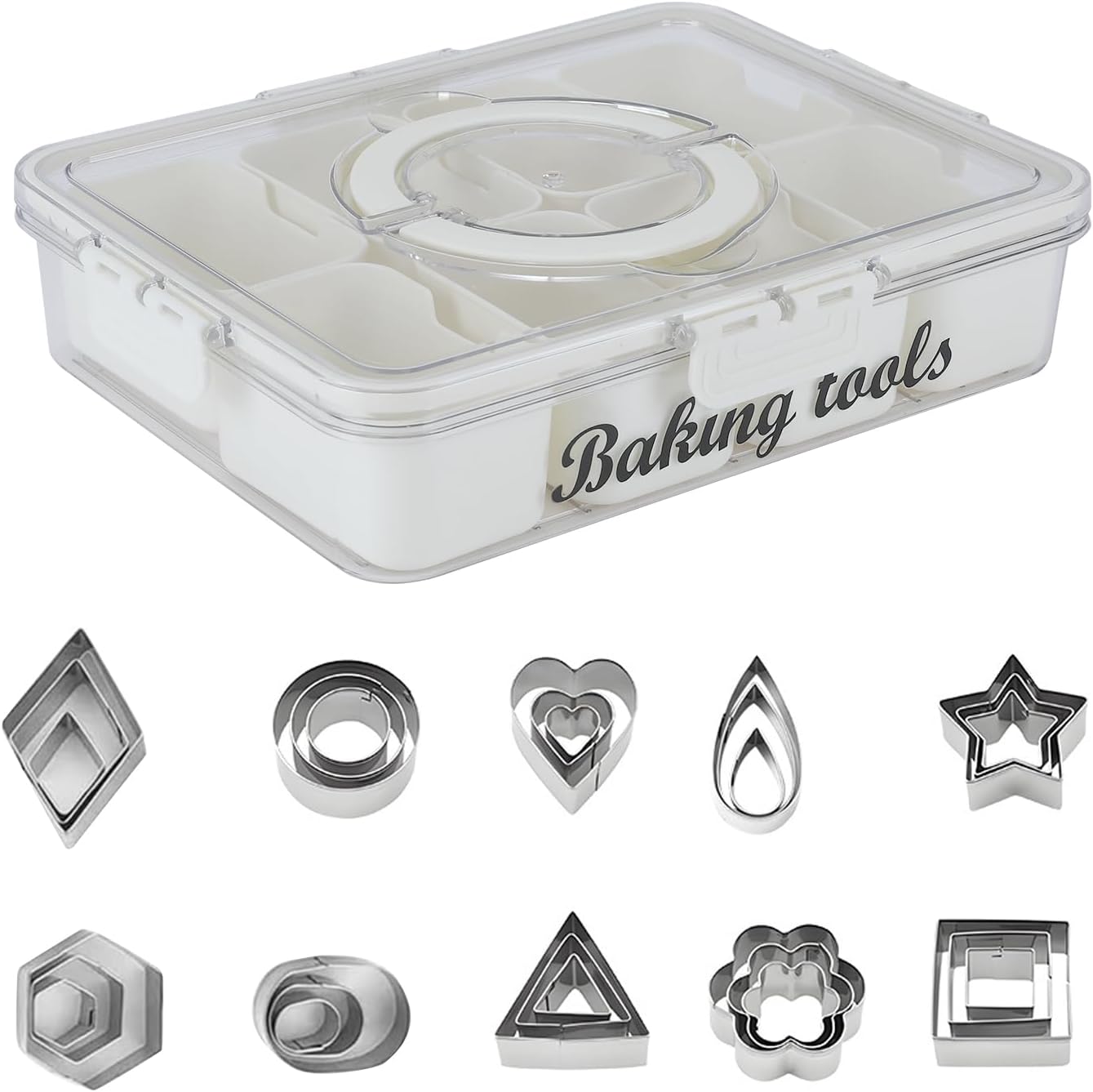 Cookie Cutter Tool Storage Box,Cake Decorating Supplies Accessories Bins,Cookie Cutter Storage with Mold,Transparent Dustproof Lid,Biscuits Cutters Organizer Storage with 8 Compartment