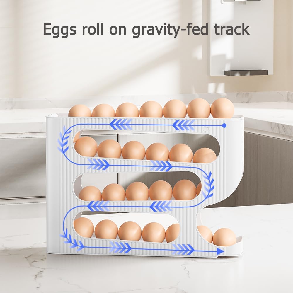 Egg Holder for Fridge, Automatic Rolling Egg Dispenser for Refrigerator, Countertop, Kitchen - Space-saving Egg Roller/Organizer/Storage/Container/Tray for Fridge - 2 Packs for 56 Large Size Eggs