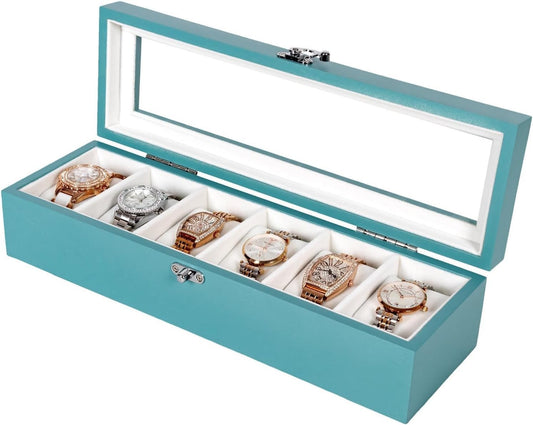 Watch Box, Watch Case for Men Women with Large Glass Lid, Wooden Watch Display Storage Box with 6 - Slots, Ocean Blue Mens Watch Box Organizer