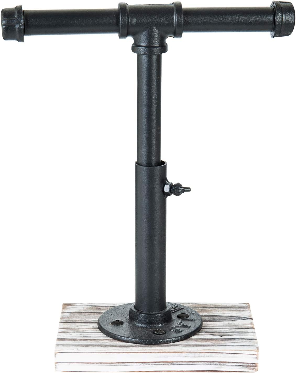 MyGift Industrial Pipe Black Metal T-Bar Adjustable Height Jewelry, Bracelet & Necklace Display Stand with Torched Wood Base