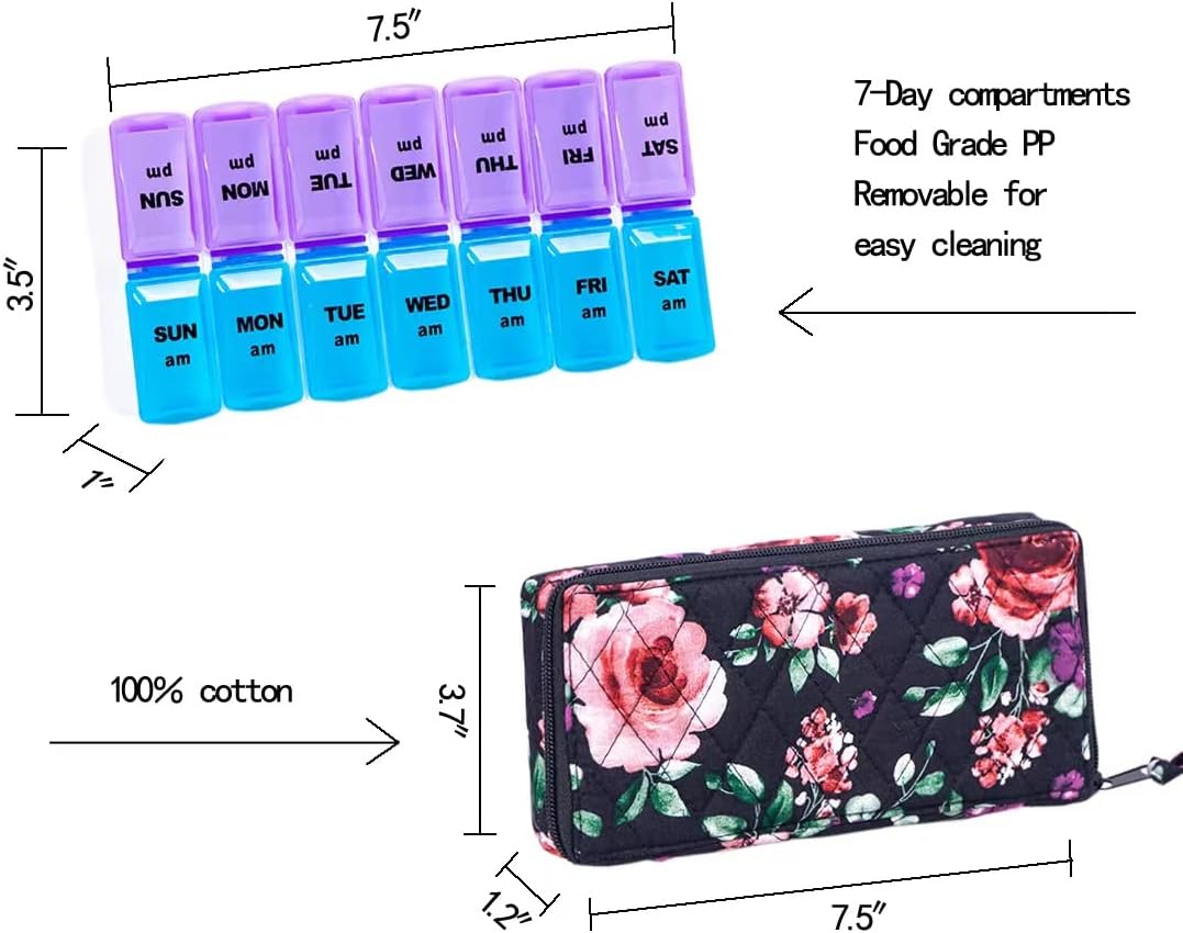 Weekly 7 Day Pill Organizer Case 2 Times a Day (AM/PM), Large Portable Cute Pill Box 7 Day for Vitamin&Medicine, Pill Case with Quilted Fabric Zipper Cute Bag for Travel or Daily