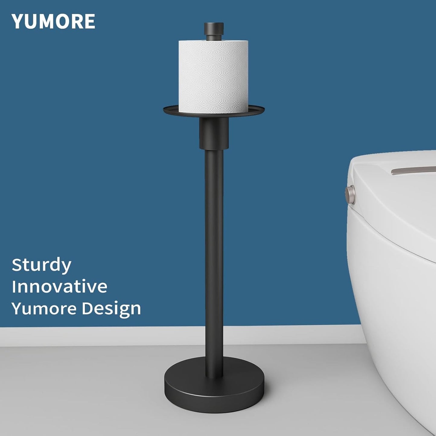 YUMORE Freestanding Toilet Paper Holder, Matte Black/Floor Standing Weighted Base Toilet Paper Holder Stand