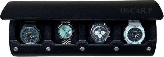DailyWatch | Personalized Watch Roll Travel Case For 4 Watches - Handmade Genuine Leather Travel Case With Custom Engraving of Name or Initials - All Black