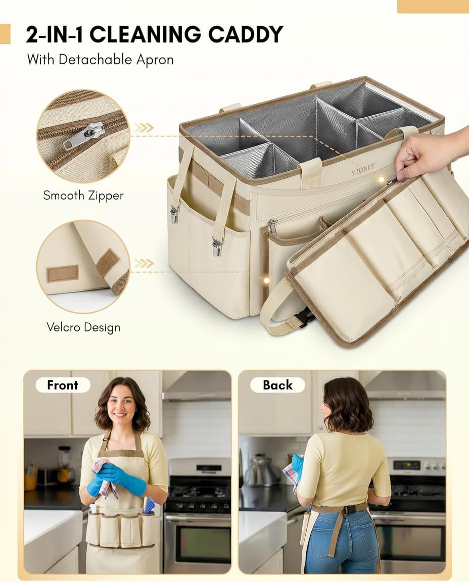 Ytonet Cleaning Caddy Bag with Detachable Apron, Extra Large Cleaning Supplies Organizer with Foldable Dividers, Portable Cleaner Tote with Handle, Cleaner Caddy for Kitchen, Detailing Bag, Apricot