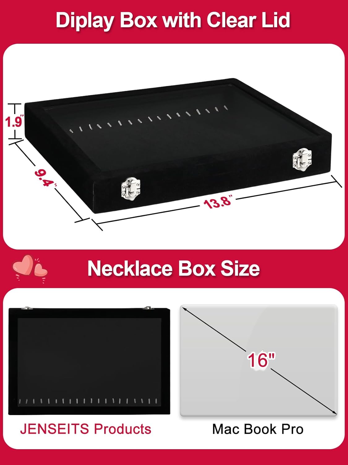 Jenseits Necklace Organizer Box, Tray with Clear Lid, Velvet Dustproof Necklaces Holder Storage Display Case, 20 Hooks Glass Top Jewelry Tray Drawer Insert for Pendant Bracelet