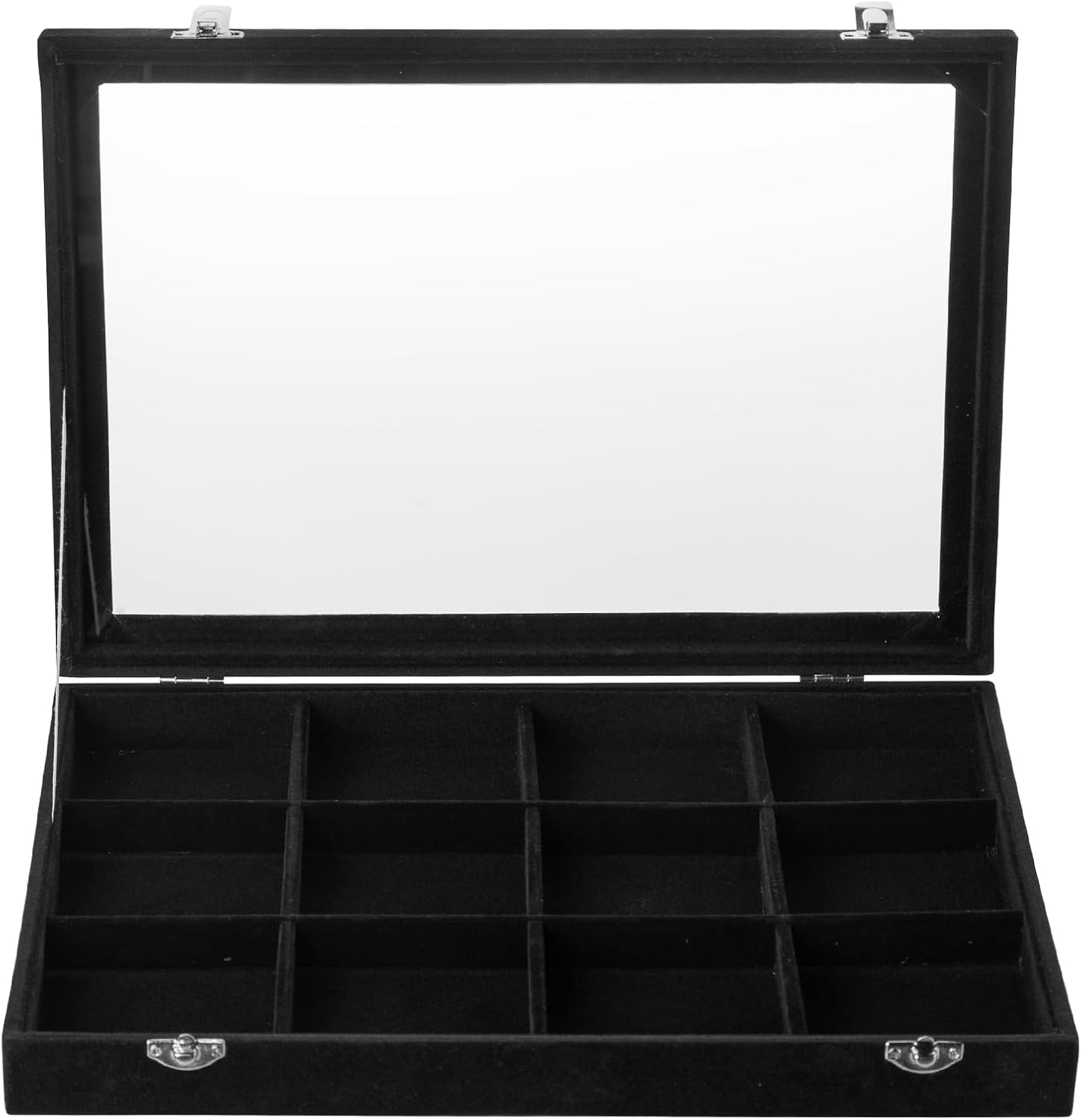 Frebeauty Velvet Jewelry Tray,12 Grid Jewelry Organizer with Clear Lid,Bracelets Holder,Jewelry Display Case with Clasp,Drawer Insert Bangle Brooch,13.8 x 9.5 x 2 Inches,Gift for Women Girls(Black)