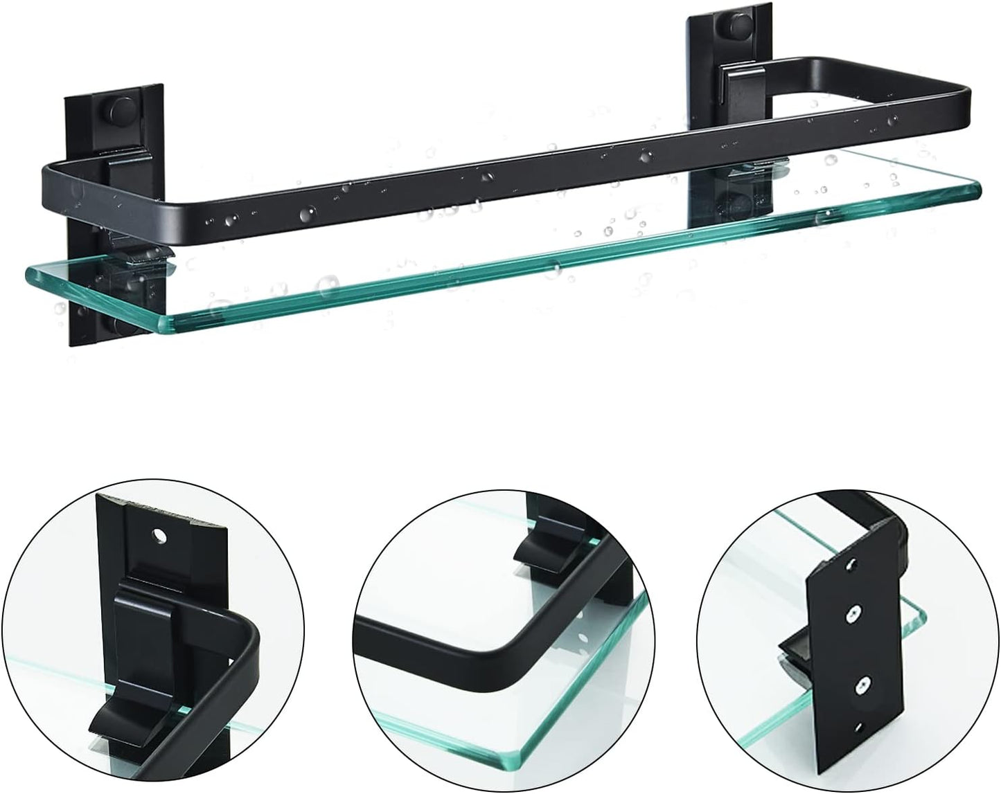 AIJALY 3 Pack Bathroom Glass Shelf,Aluminum Tempered Glass 0.34in Extra Thick Rectangular 1 Tier Storage Organizer Wall Mount,Black 15.7in
