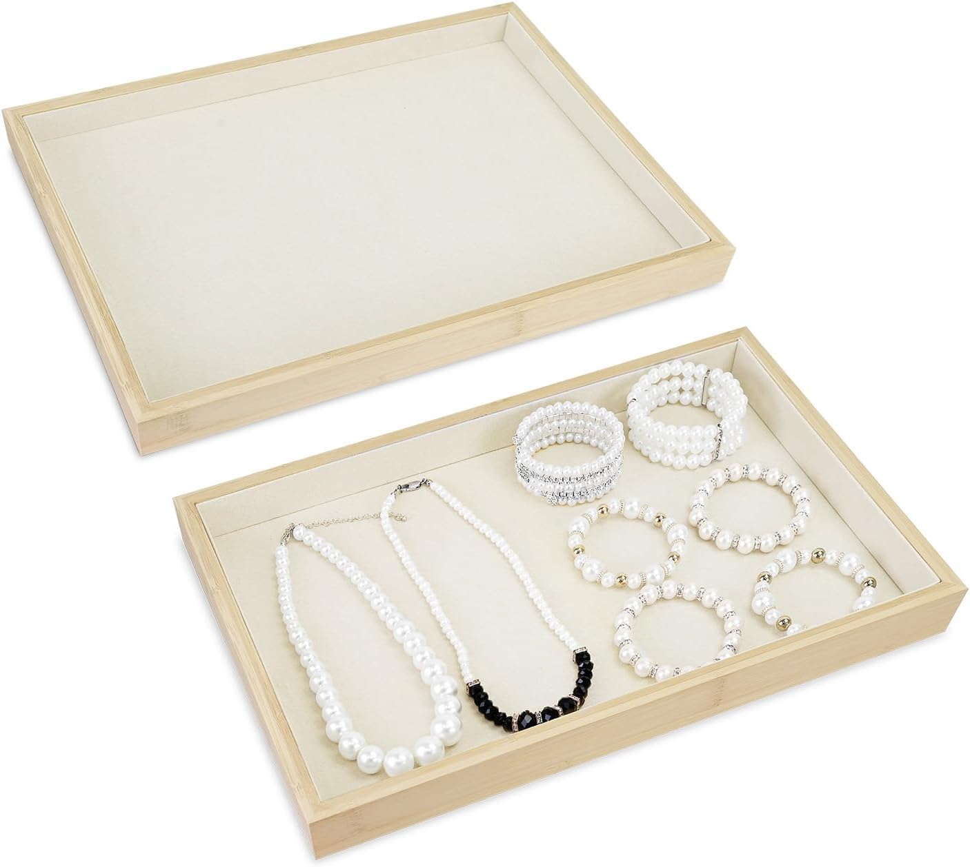 MOOCA 2 Pcs Bamboo Jewelry Display Tray, Presentation Tray, Organizer for Rings, Necklaces, Earrings, and Accessories, Beige Color, 14" W x 9.6" D x 1.2" H