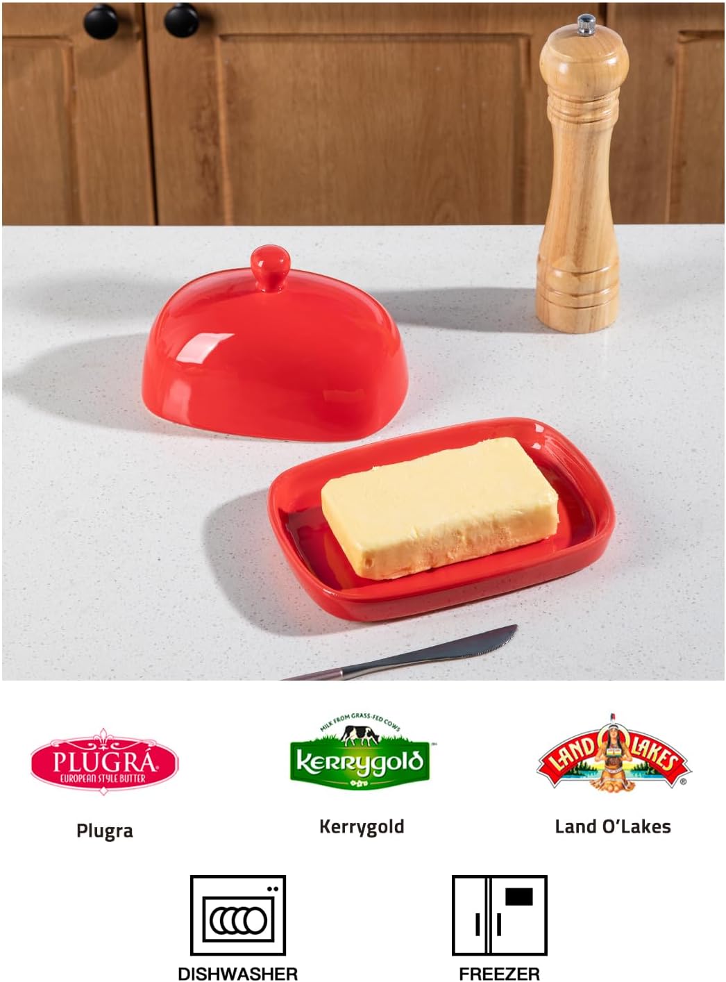 Sweejar Ceramic Butter Dish with Lid for Countertop,Porcelain Butter Keeper with Knob Handle,Butter Container for East/West Coast Butter, 7.3*4.1 inches (Red)