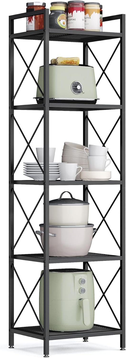 SONGMICS 5-Tier Metal Storage Rack, Shelving Unit with X Side Frames, Dense Mesh, 12.6 x 15.7 x 57.3 Inches, for Entryway, Kitchen, Living Room, Bathroom, Industrial Style, Ink Black UBSC145B01