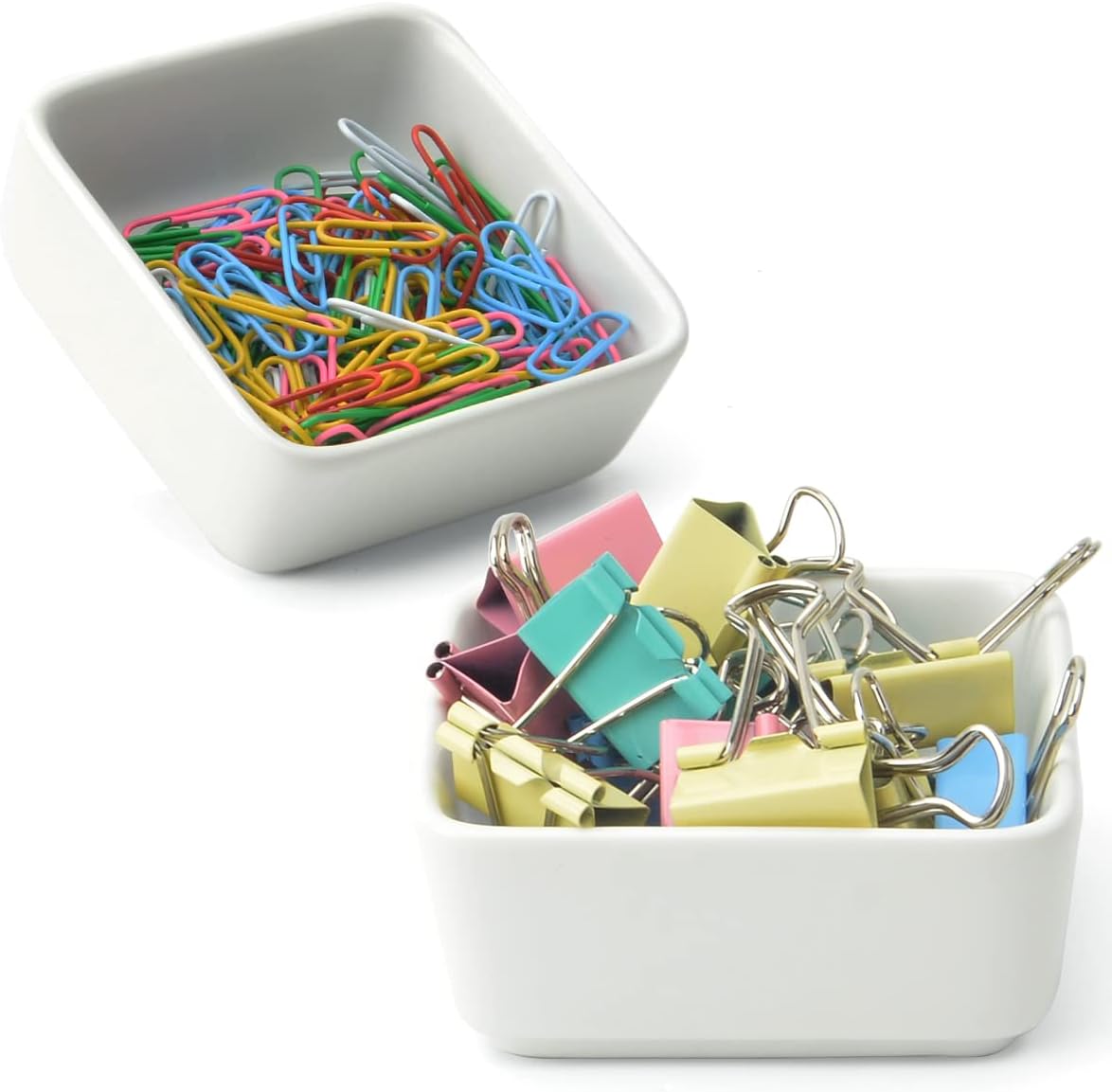 Ceramic Paper Clip Holder 2 PCS Set, Square Paper Clip Dispenser Organizer for Desk, Cute Office Binder Clip Holder Bobby Pin and Hair Clip Holder, Paper Clamp Holders Gift for Office, White