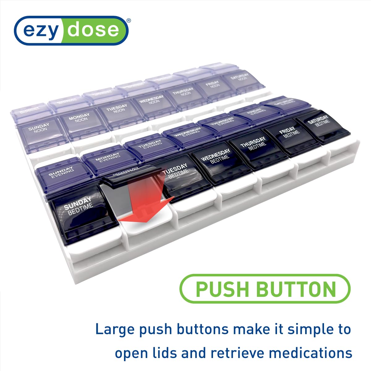 EZY DOSE Weekly (7-Day) Pill Organizer, Vitamin Container, and Daily Medicine Planner, 2X-Large Push Button Compartments, Arthritis Friendly, Easy to Use, 4 Times a Day, Grayscale Lids, BPA Free