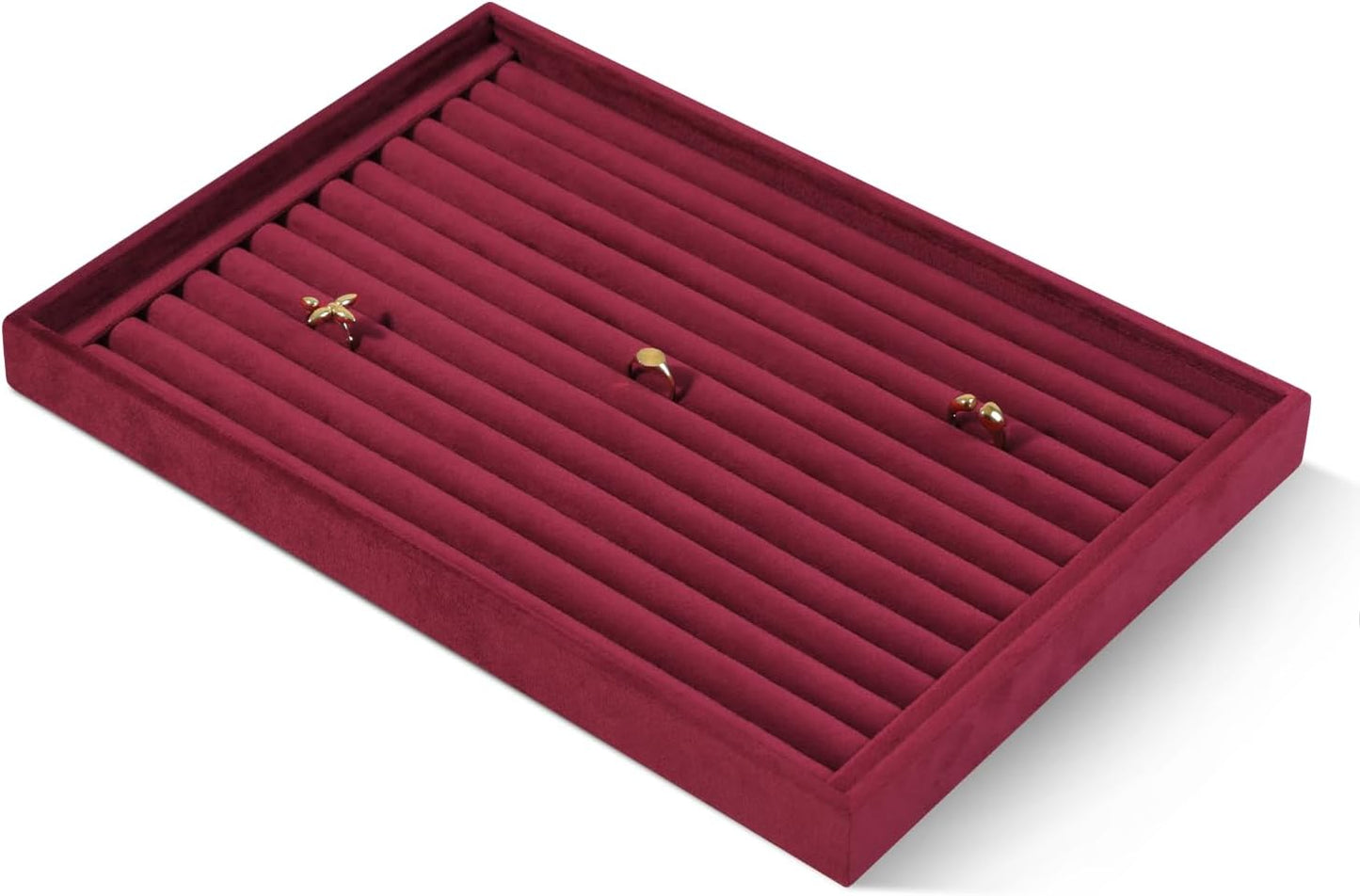 Velvet Ring Display Tray, Stackable Muilt Slot Rings Ear Stud Storage Tray, Drawer Insert Jewelry Accessories Organizers Plate (Red)