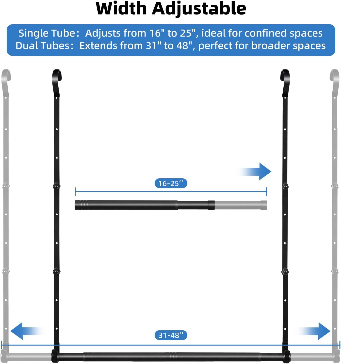 Hanging Closet Rods, Adjustable Height & Width Closets Bar Lower Extender for Hanging Clothes, Heavy Duty Hanging Bars for Clothing Storage and Organizer, Space-Saving & Expandable Double Closet Rod